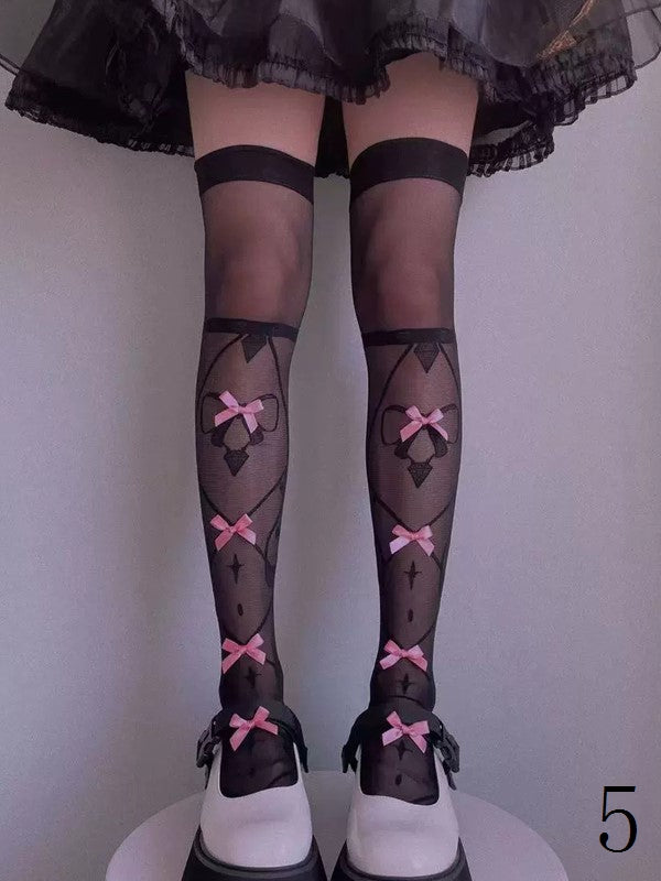 11 Options White/Black Sweet Lolita Overknee Stockings With Black/White/Pink/Blue/Red Bowknot Details