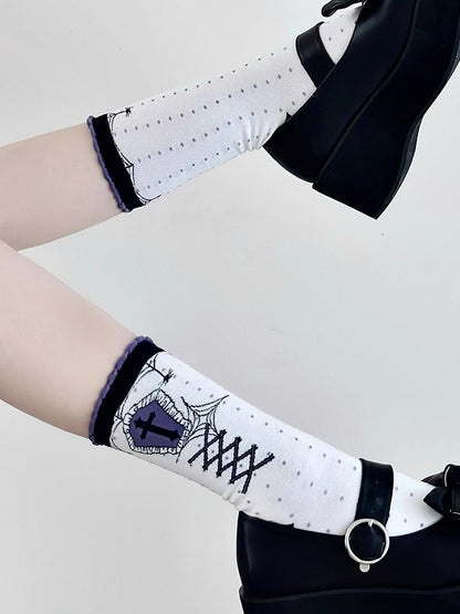 Dark Purple Coffin Gothic Cross Print Polka-dot Pattern White Lolita Calf Socks