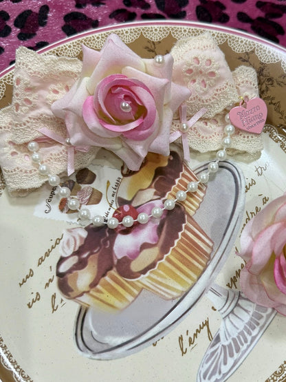 Beige&Pink Beaded Charm Floral Design Bowknot Hairclip