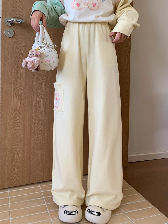 Creamy Yellow Elastic Waist Teddy Bear Print Wide-Leg Casual Pants Regular/Short Version