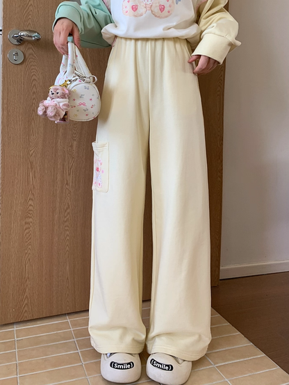 Creamy Yellow Elastic Waist Teddy Bear Print Wide-Leg Casual Pants Regular/Short Version