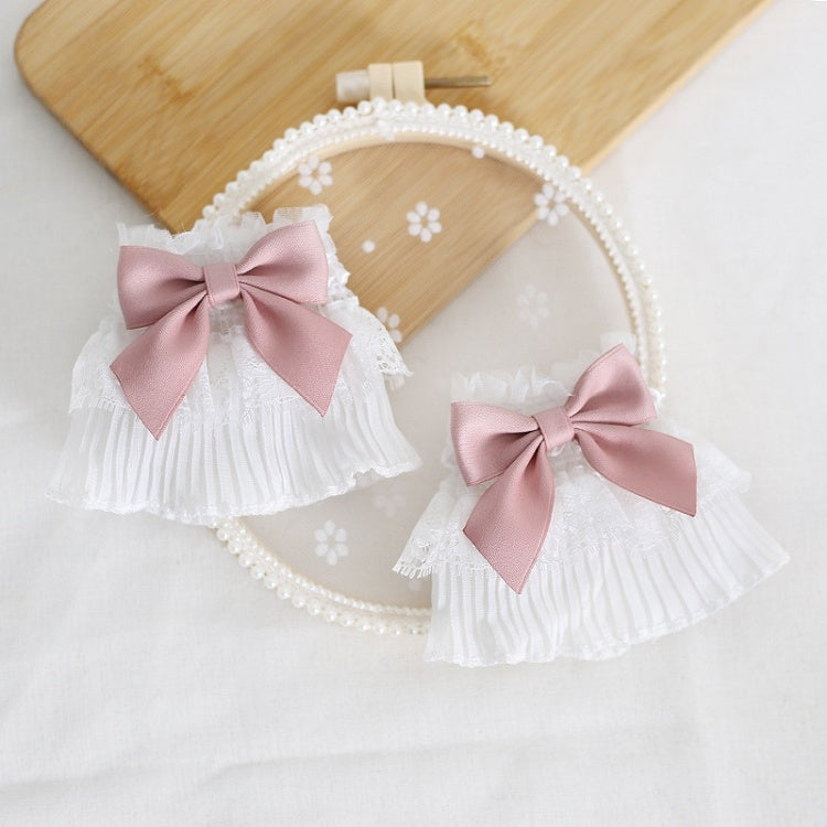 A Pair of Cute White Lace Wrist Cuffs with Dusty Blue / Dusty Pink Bowknot Decorations