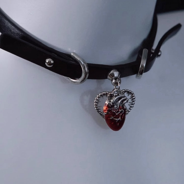 Black and Red Handmade Heart Pendant Gothic PU Choker