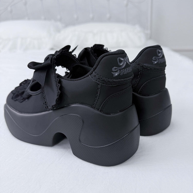 Black Lace Trim Bowknot Velcro Strap Closures Jirai Kei Platforms