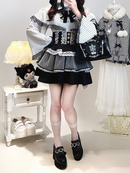 Jirai Kei White / Pink Polka-dot Blouse | Bell Sleeves, Cut-Out Shoulder with Drawstring & Heart Buttons