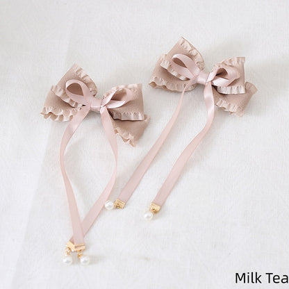 8 Colors A Pair of Sweet Bowknot Ribbon Hairclips with Bead Decorations