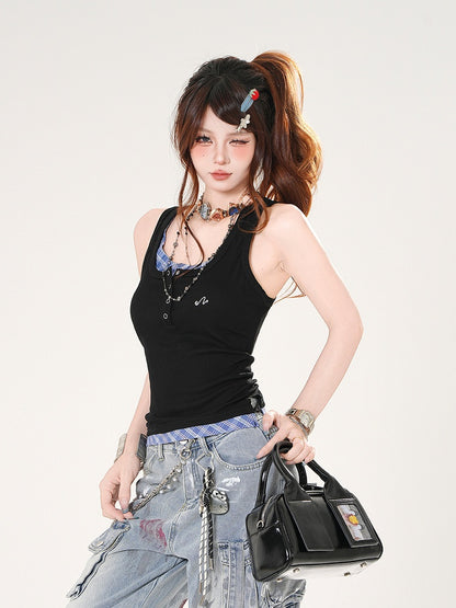 Black and Blue Plaid Faux Two-pieces Slim-fitting Tank Top