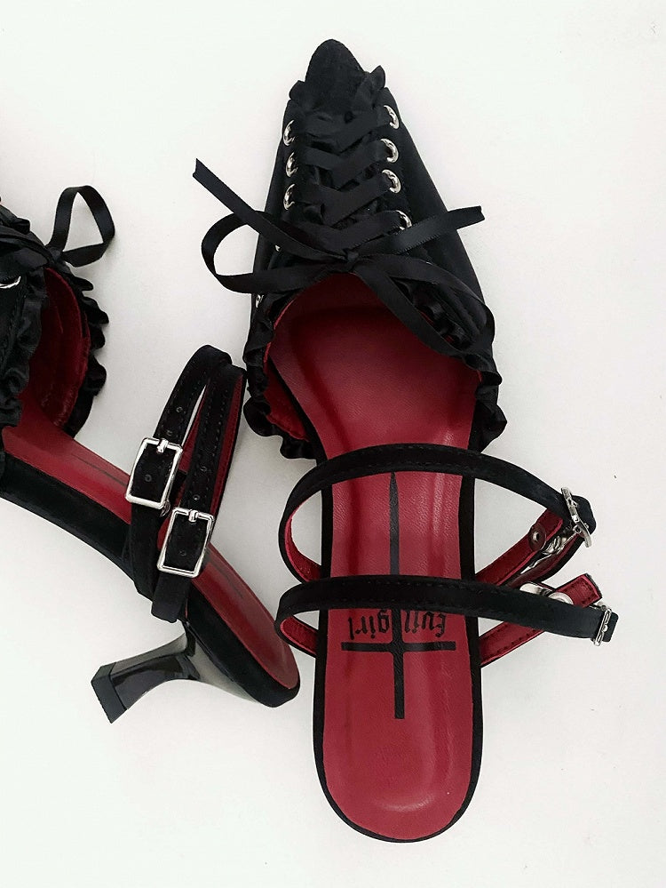 Black Lace-up Detail Pointed Toe Gothic Slingback Sandals