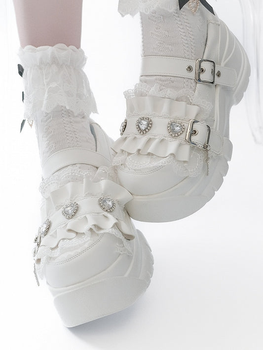 White Bittersweet Rhinestone Heart Details Cross Charm Ruffles Trim Platforms