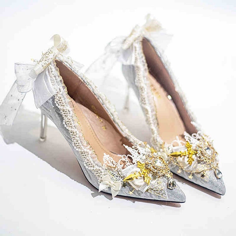 Silver Cross and Detachable Chain Bow Accent Glittering 7.5CM/10.5CM Hime Lolita High Heels