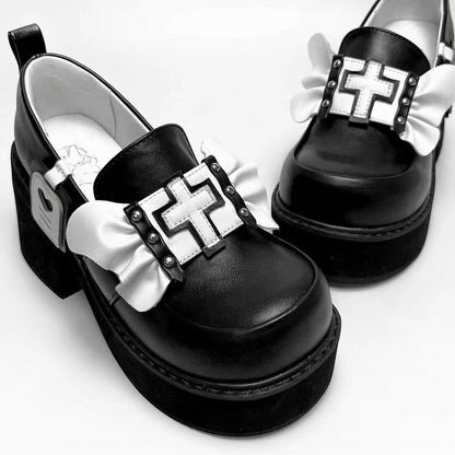 Punk Cross Wings Black and White Jirai Kei Platforms High Block Heel