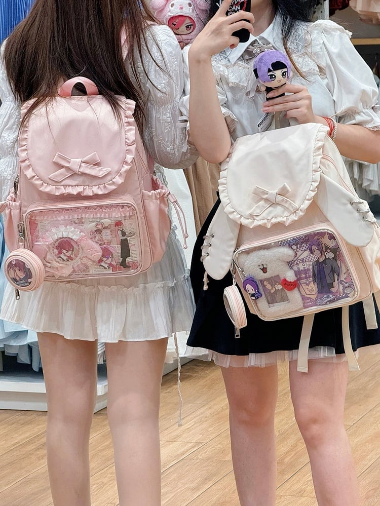Light Pink Detachable Bunny Ears Design Fold-over Flap Ita Backpack