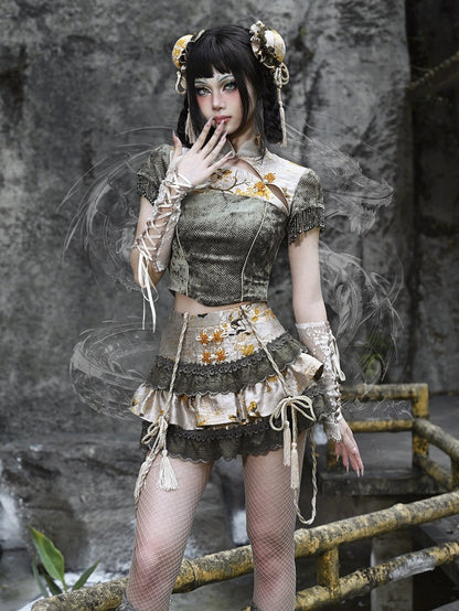 Clearance-Size L for Waist 72CM Goth Tiered Skirt with Detachable Tassel Accessory