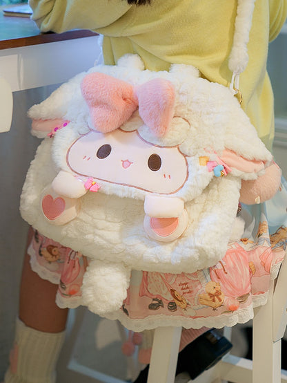 White Lamb Bowknot Plush Flap Backpack Bag Middle/Large Size