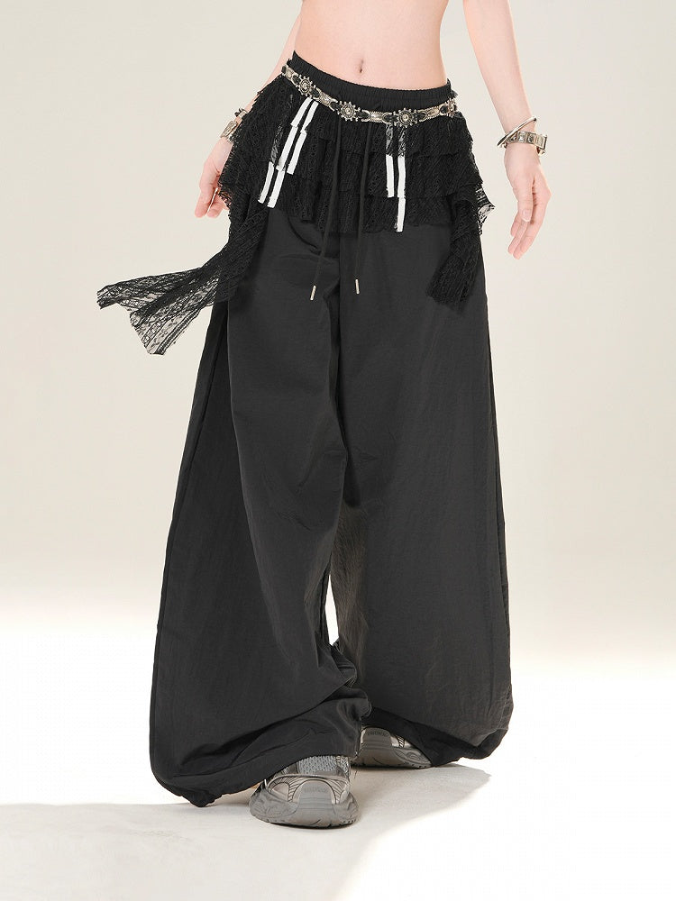 Black Elastic Waist Wide-leg Casual Pants with Lace Waist Accessory