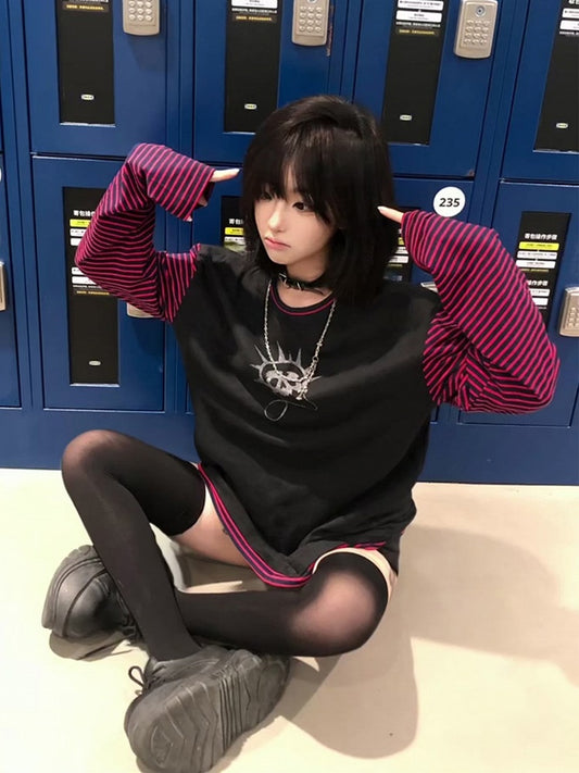 Y2K Black & Red Striped Color Block Top with Skeleton Print