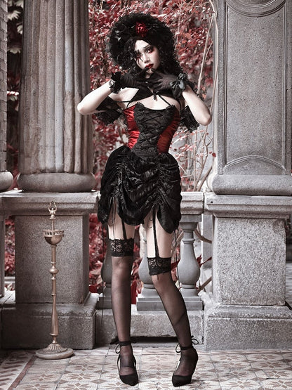 Black and Dark Red Gothic Vampire Lace Up Bodice Drawstring Skirt Dress