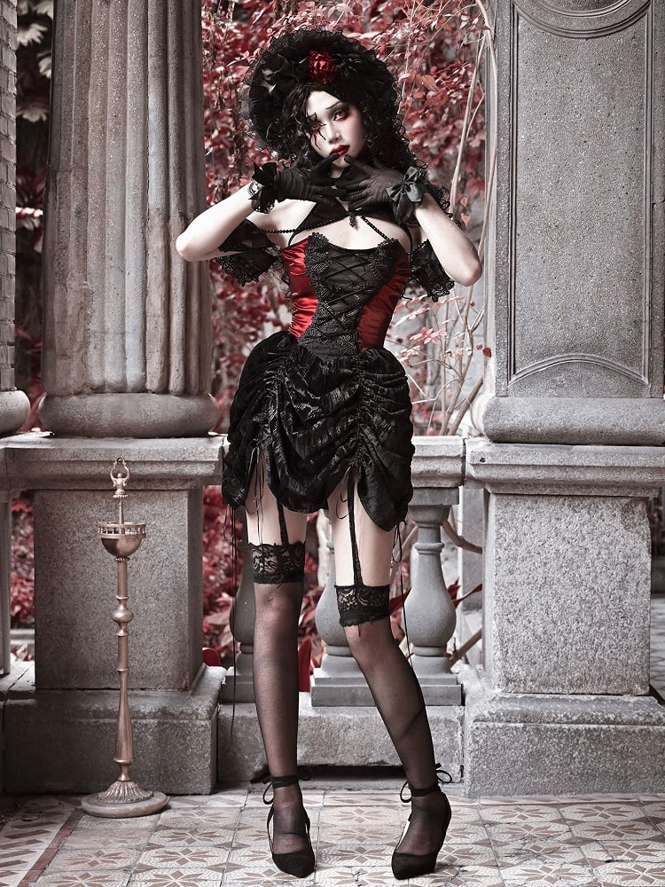 Black and Dark Red Gothic Vampire Lace Up Bodice Drawstring Skirt Dress