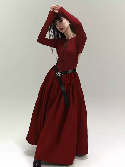 Gothic Wine Red Cross Print Backless/Covered-Back Slim-fitting Dress