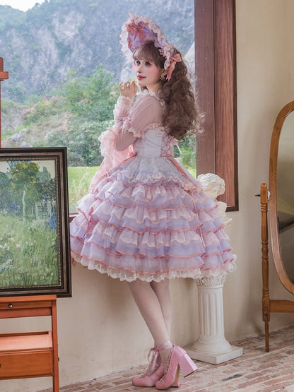 Purple and Pink Bow Accents Tiered Skirt Hanayome Hime Lolita Jumper Skirt