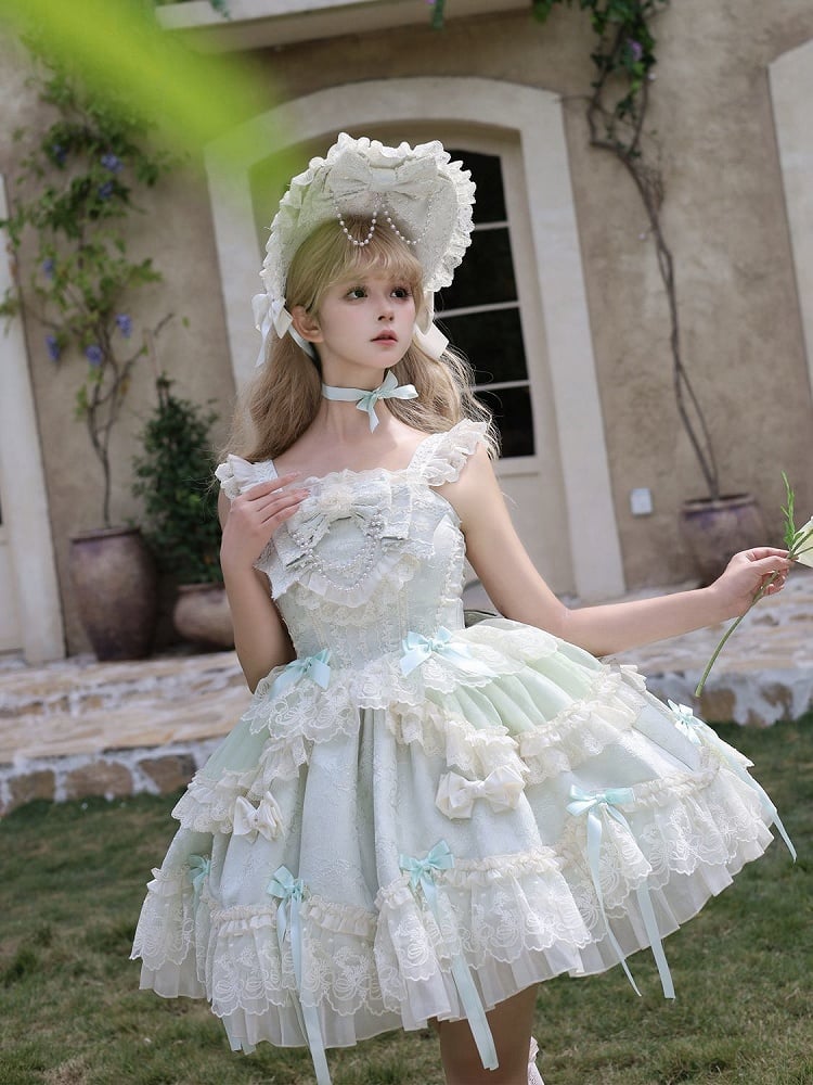 Light Green Jacquard Fabric Sweet Bow Accents Dress Lolita Jumper Skirt