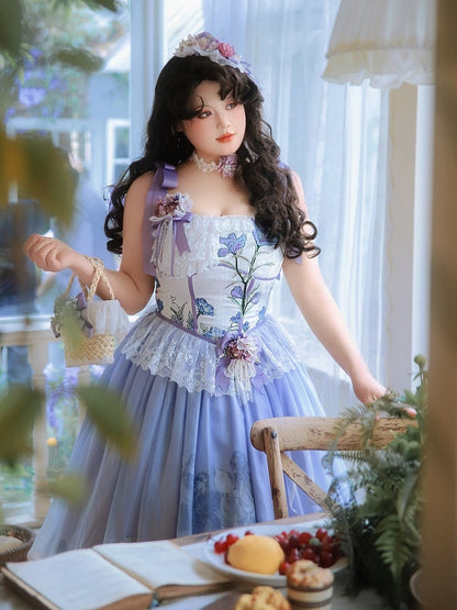 Plus Sizes Available Floral Print Bowknot Straps Dress Elegant Classic Lolita Jumper Skirt