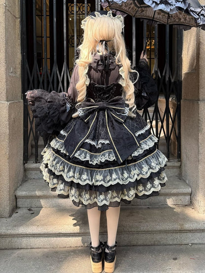 Black Flower Bead Chain Bow Neckline Gorgeous Princess Lolita Dress