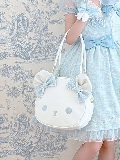 Blue&White Polka-dot Pattern Bowknot Details Bear Tote Bag