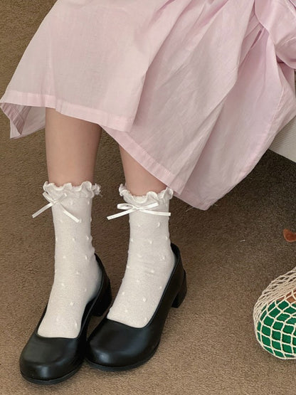 White/Black/Pink/Blue/Yellow Bowknot Details Polka-dot Pattern Ruffled Cuffs Calf Socks
