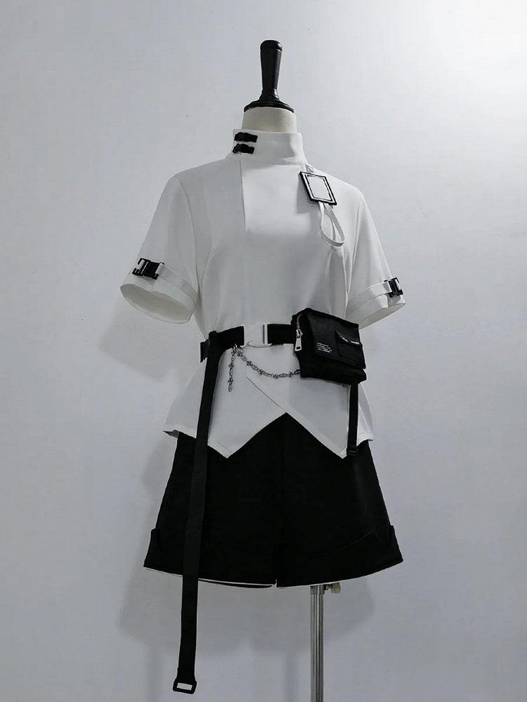 White High Collar Futuristic Techwear Ouji Fashion Buckle Short Sleeves Top