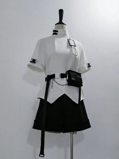 White High Collar Futuristic Techwear Ouji Fashion Buckle Short Sleeves Top
