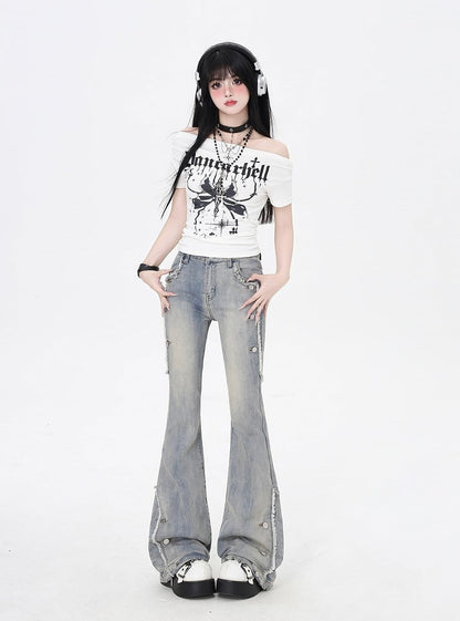 Blue Raw Hem Vintage Glamorous Flared Jeans
