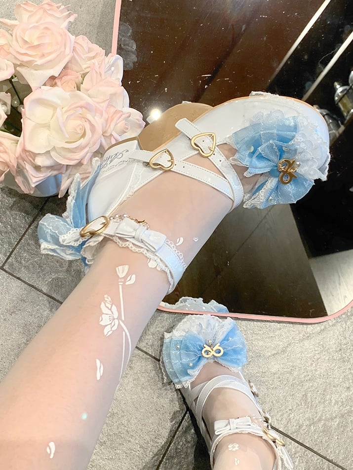Light Blue Beaded Decorated Bow at Top Crisscross Design Lace Trim Sweet Lolita Shoes