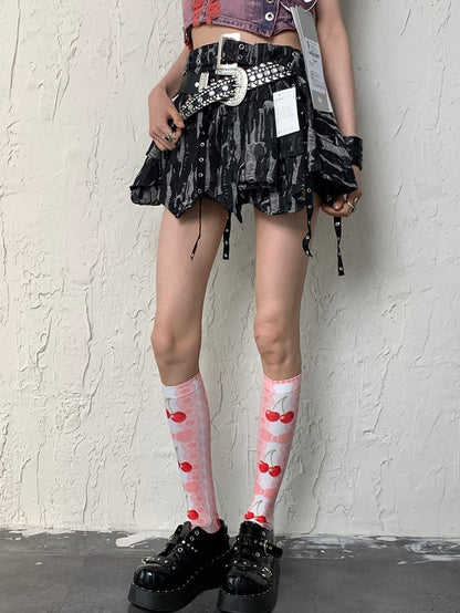 Pink Y2K Cherry And Bowknot Print Underknee Stockings