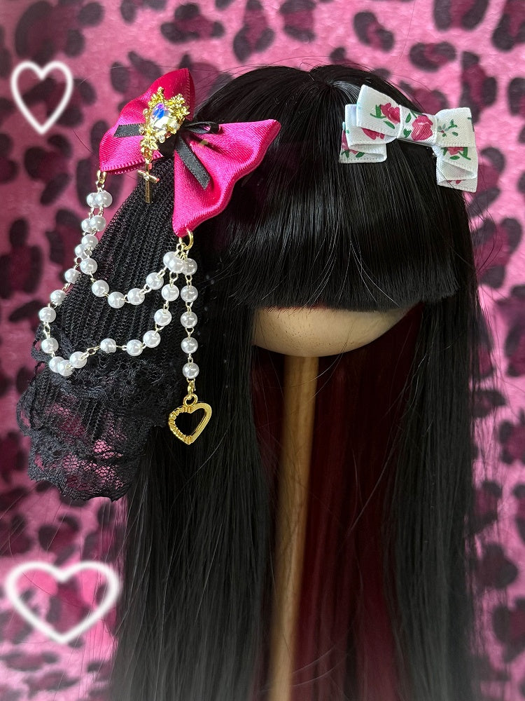 White&Pink/Black&Pink Beaded Charm BJD Doll Bowknot Hairclip With Veil