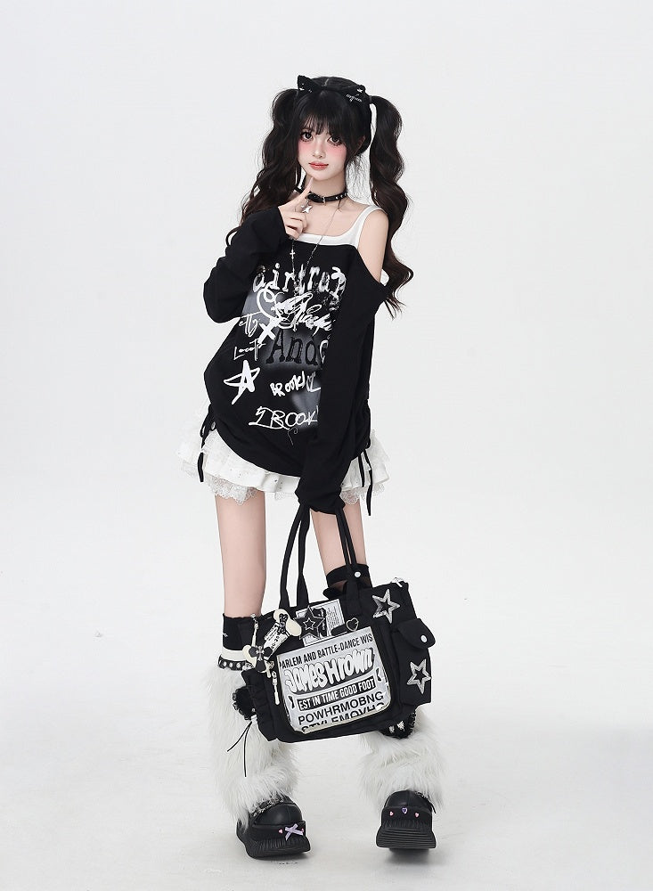 Y2K Star Print Open Shoulder Black/White Top Faux Two-pieces