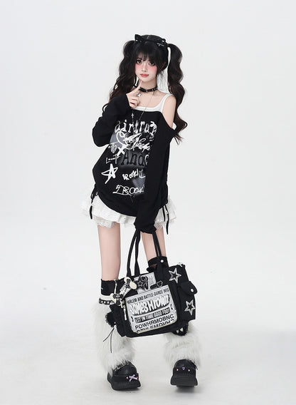 Y2K Star Print Open Shoulder Black/White Top Faux Two-pieces