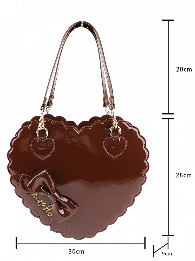 2-Way Heart Cookie Bag in Brown PU - Lolita Style with Bow Decor & Zipper Closure