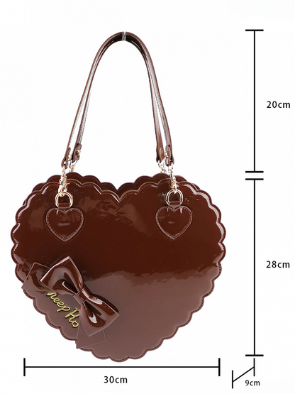 2-Way Heart Cookie Bag in Brown PU - Lolita Style with Bow Decor & Zipper Closure