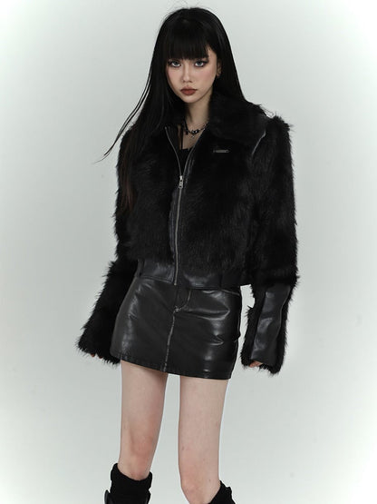 Black Zip Closure Shaggy PU Jacket