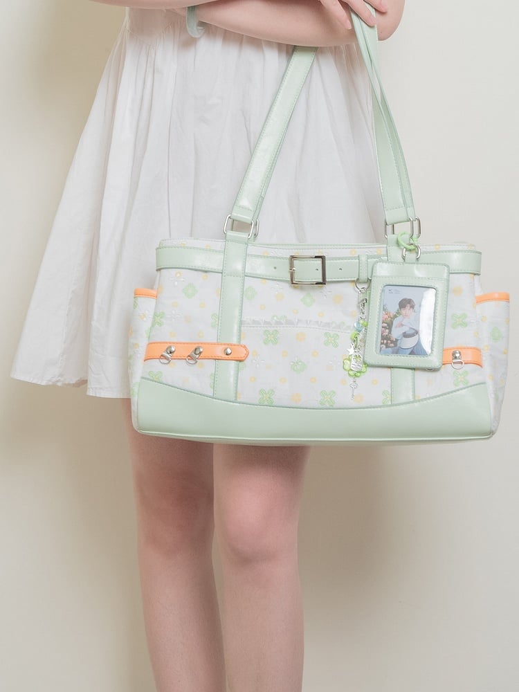 Green & White Clover-Themed Large Capacity Tote Ita Bag with Strap Accents And Detachable Ita Card Holder