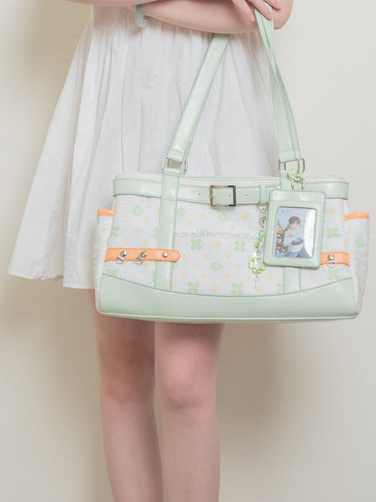 Green & White Clover-Themed Large Capacity Tote Ita Bag with Strap Accents And Detachable Ita Card Holder