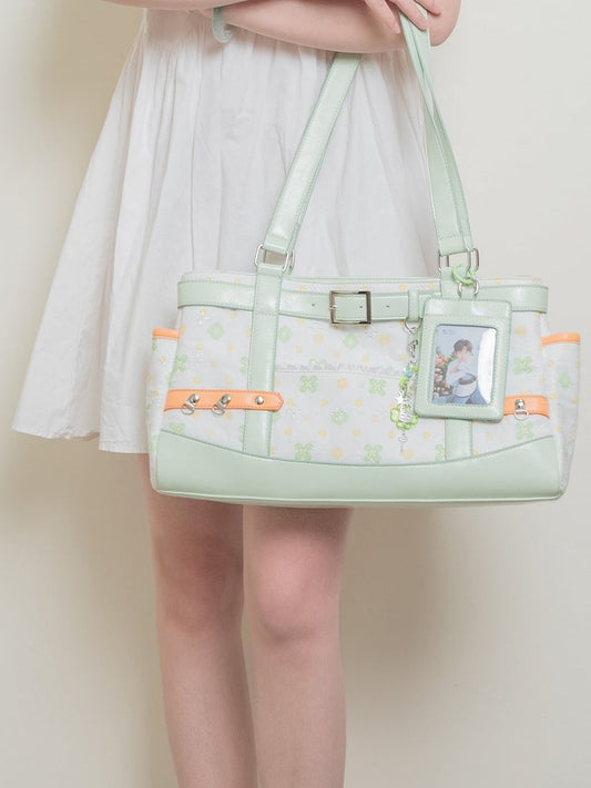 Green & White Clover-Themed Large Capacity Tote Ita Bag with Strap Accents And Detachable Ita Card Holder