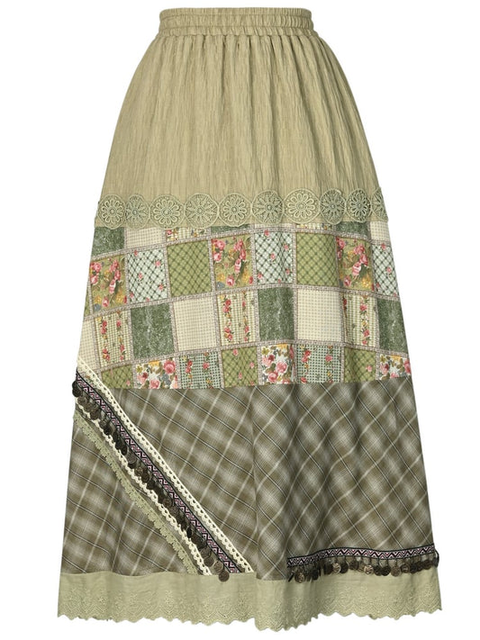 Bohemian Green Mori Kei High Waist Cottagecore Patchwork Skirt