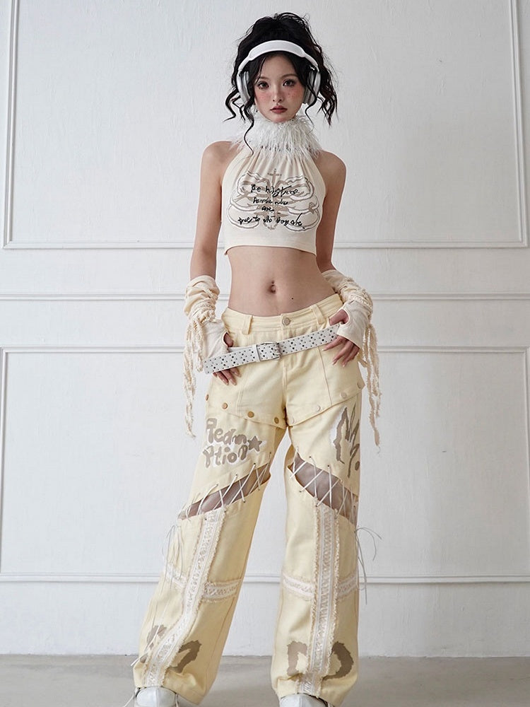 Letters Print Beige Top with Detachable Plush Collar