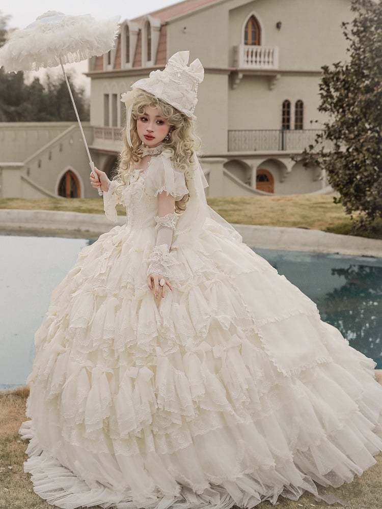 Gorgeous Hanayome Lolita Creamy White Bow Accents Wedding Dress / Full Set