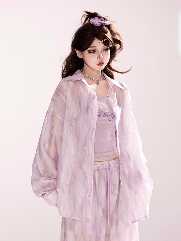 Light Purple Loose Shirt / Drawstring Waist Wide-leg Casual Pants