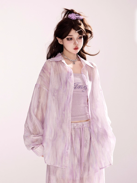 Light Purple Loose Shirt / Drawstring Waist Wide-leg Casual Pants