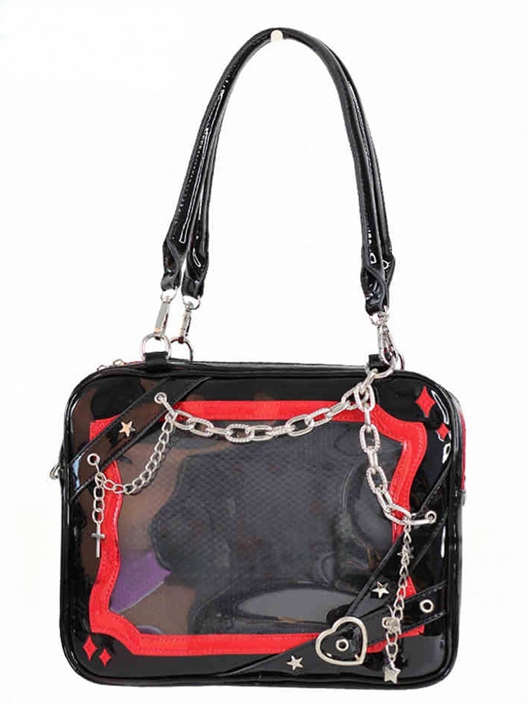 Black & Red Crisscross Strap Ita Shoulder Bag with Cross Charm Chain