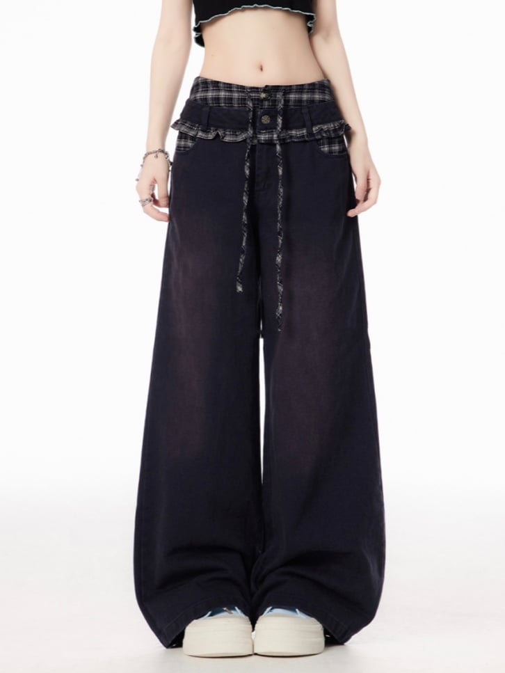 Plaid Patchwork Waist Black Low Rise Wide-leg Jeans